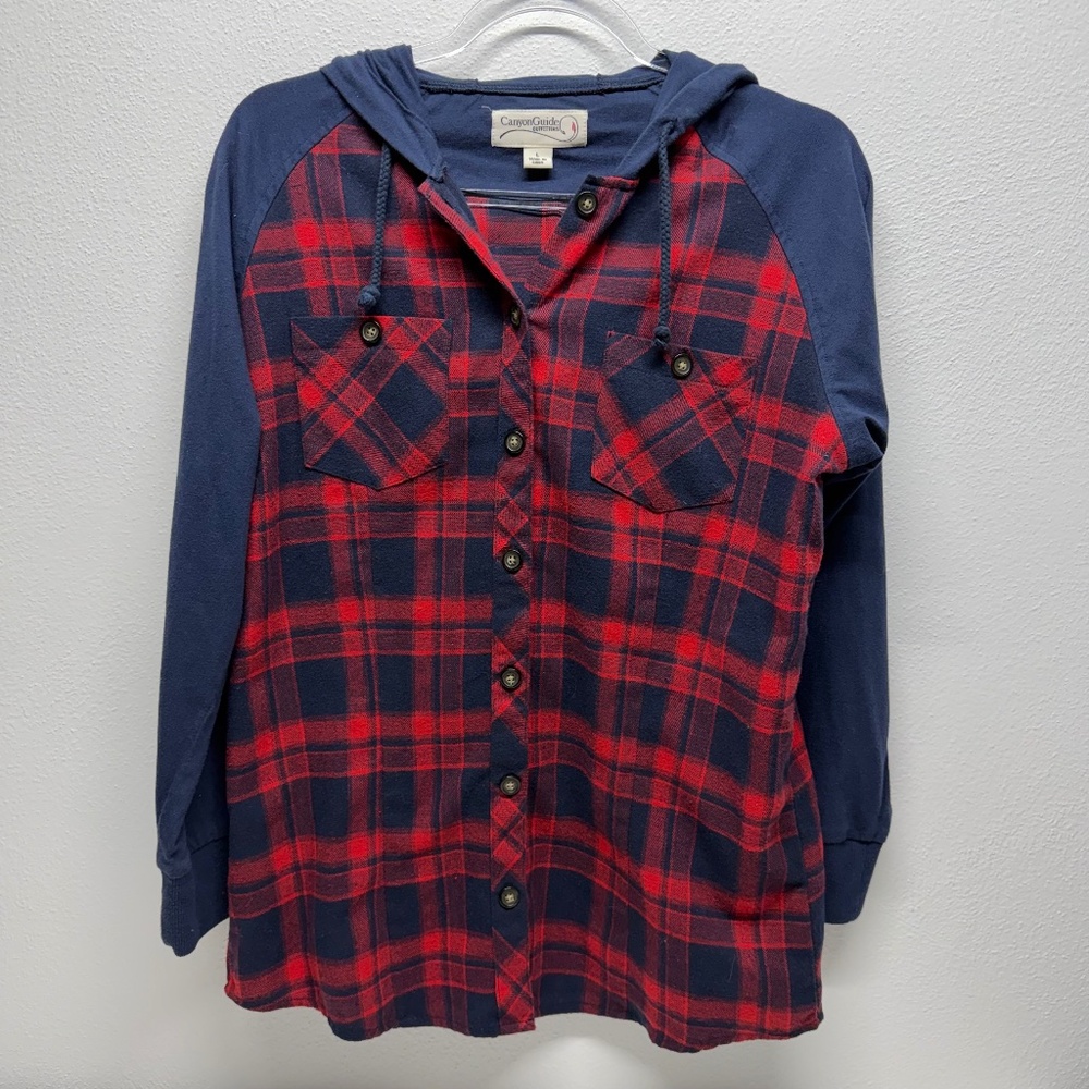 Canyon Guide Y2K Flannel Long Sleeve Button Down Hooded Red‎ Navy Top Size L